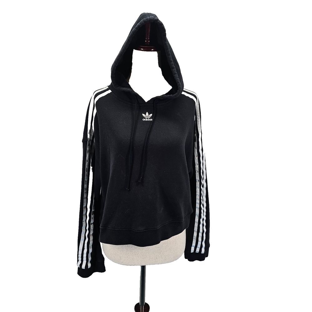 Adidas Sweatshirt Womens Small Black 3 Stripes Hoodie Pullover Long Sleeve Crop